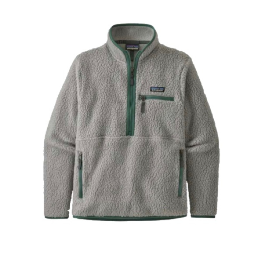 Patagonia Light Gray Sherpa Pullover with Green Trim